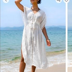 Crochet trim long white caftan coverup. Size large, drawstring at waist. NWOT